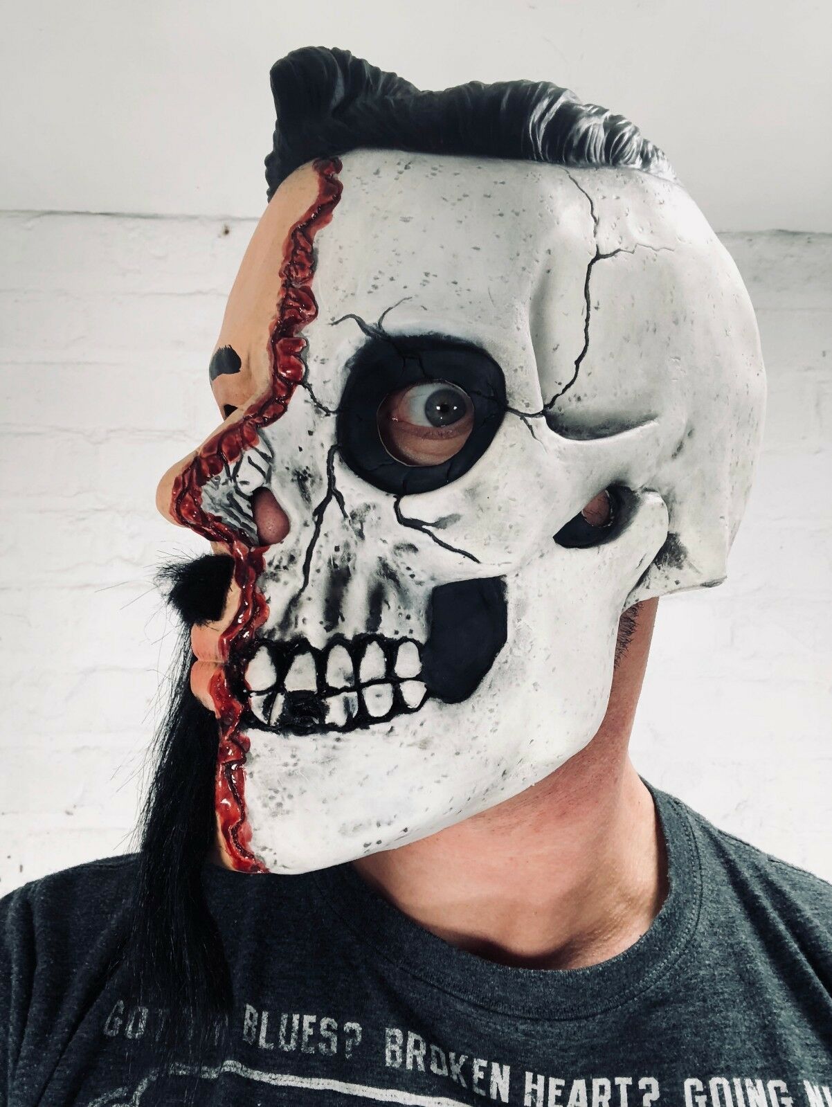 Half Skull Face Mask 1599x1202 Half Man Half Skull Mask. – Rubber Johnnies Masks