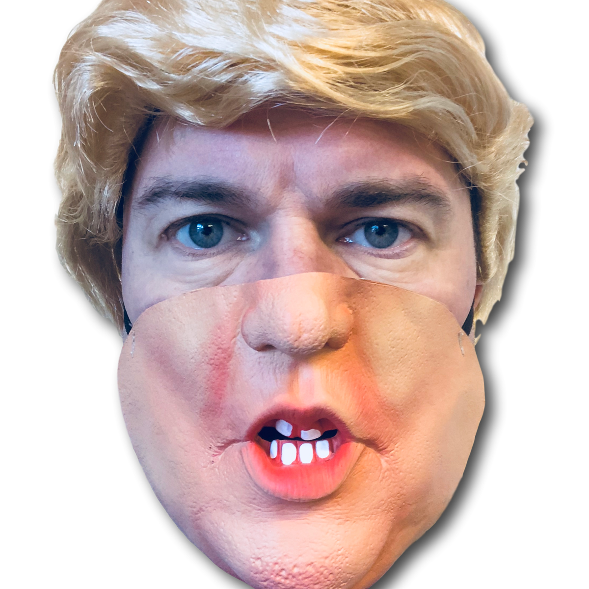 Halbe Gesichtsmaske von Donald Trump und Perücke mit blondem Kamm