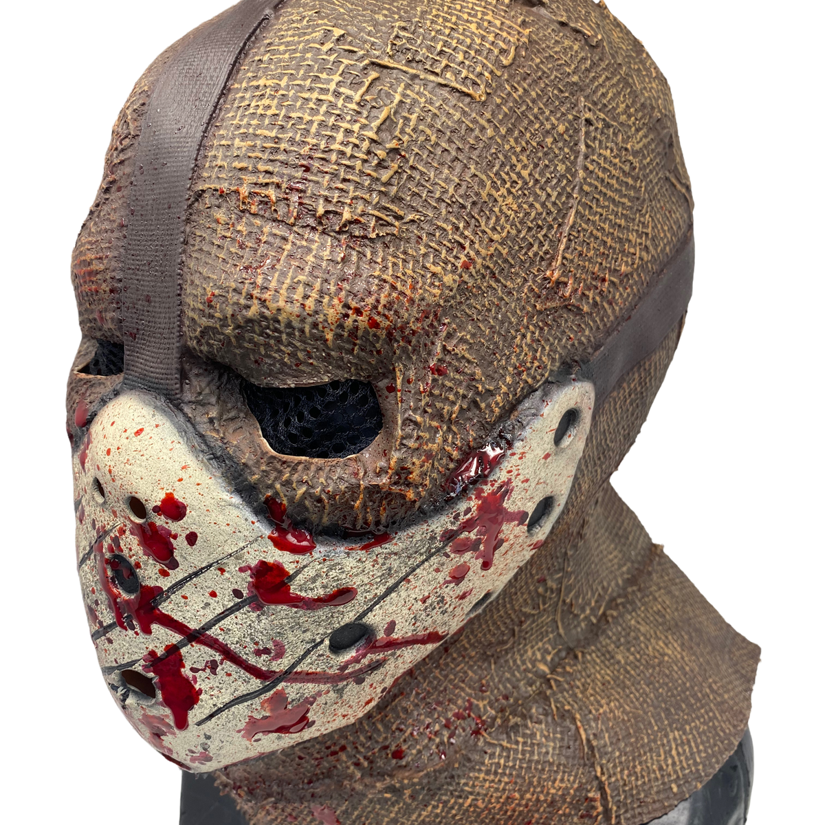 Masque d’épouvantail 'Corn Creeper' Toile de jute en latex avec masque de hockey attaché
