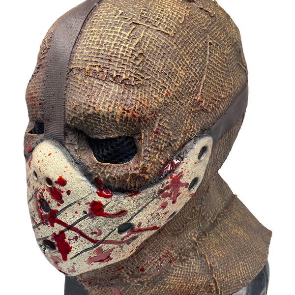 Masque d’épouvantail 'Corn Creeper' Toile de jute en latex avec masque de hockey attaché