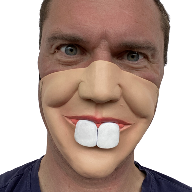 Half face latex mask with big bucked teeth like a bunny rabbit