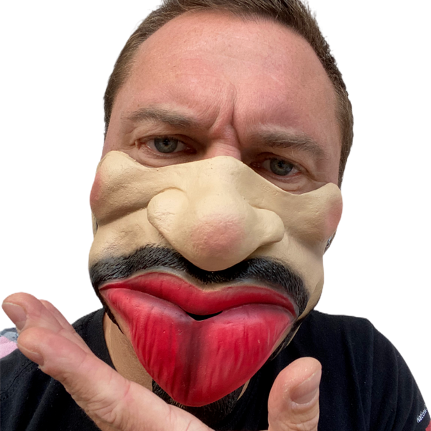 Half face latex mask with a big lower fat lip