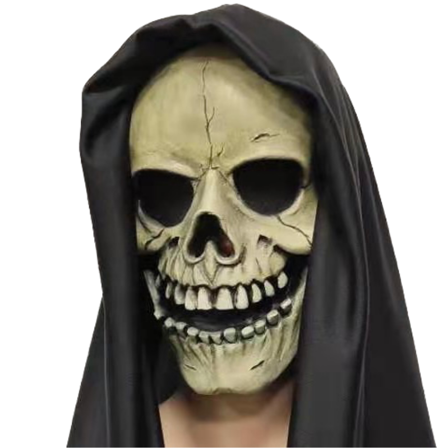 Skelton Skull Latex Mask with Black Hood.