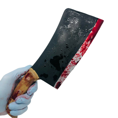 fake blood covered meat cleaver. Foam movie prop
