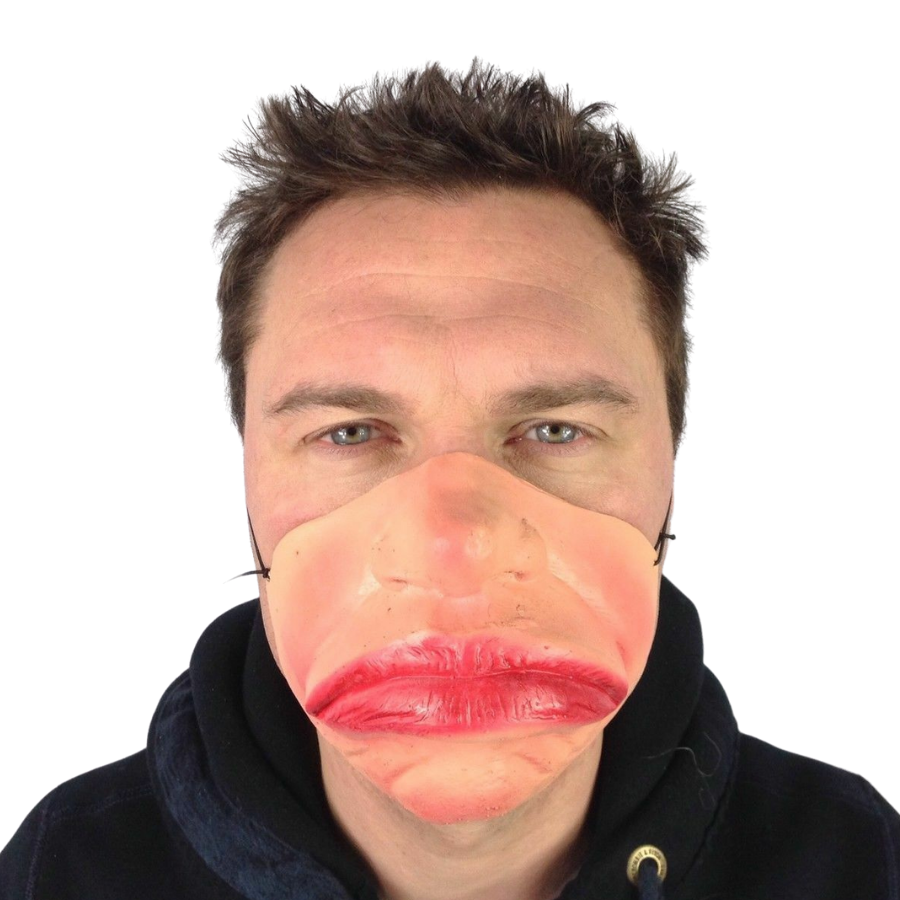 Funny Half Face Latex Mask with Swollen Lips. Botox.