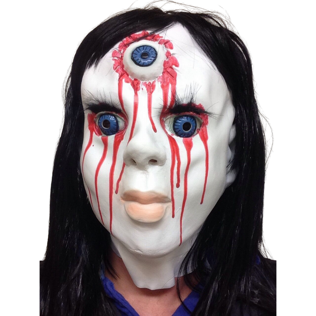 Full Head Latex Mask of Scary China Doll with Blood Dripping From Eyes.