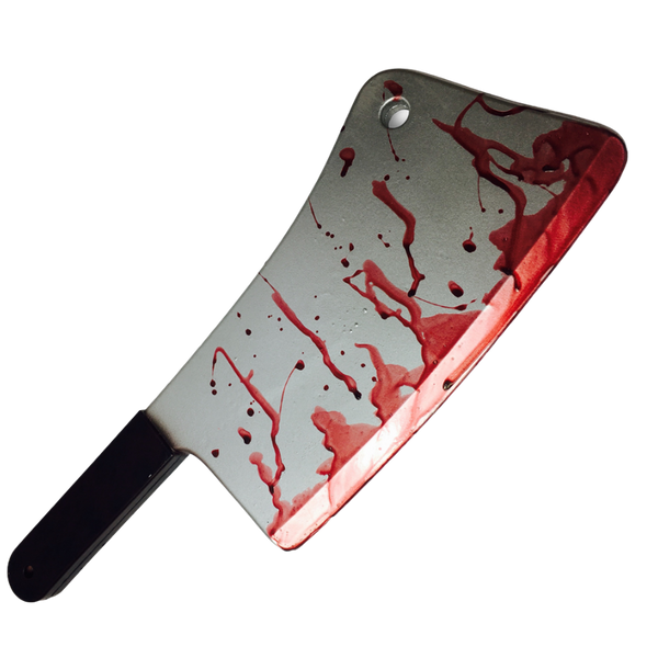 fake blood covered foam butchers meat cleaver.