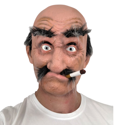 Smokey joe mask, old man, bald head, smoking a large cigarette