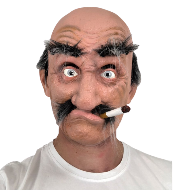 Smokey joe mask, old man, bald head, smoking a large cigarette